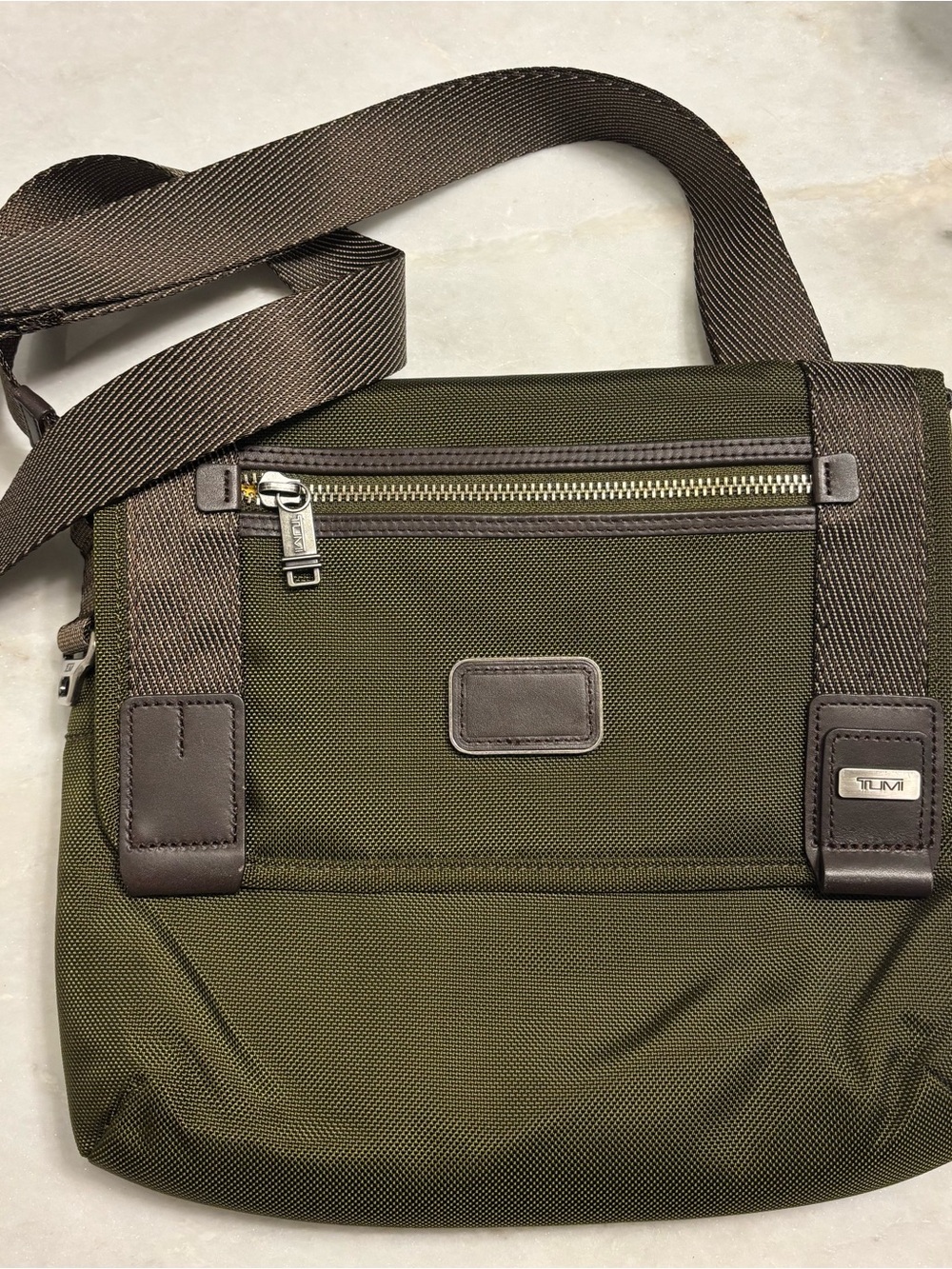 Tumi Olive Green Messenger Bag with Brown Trim